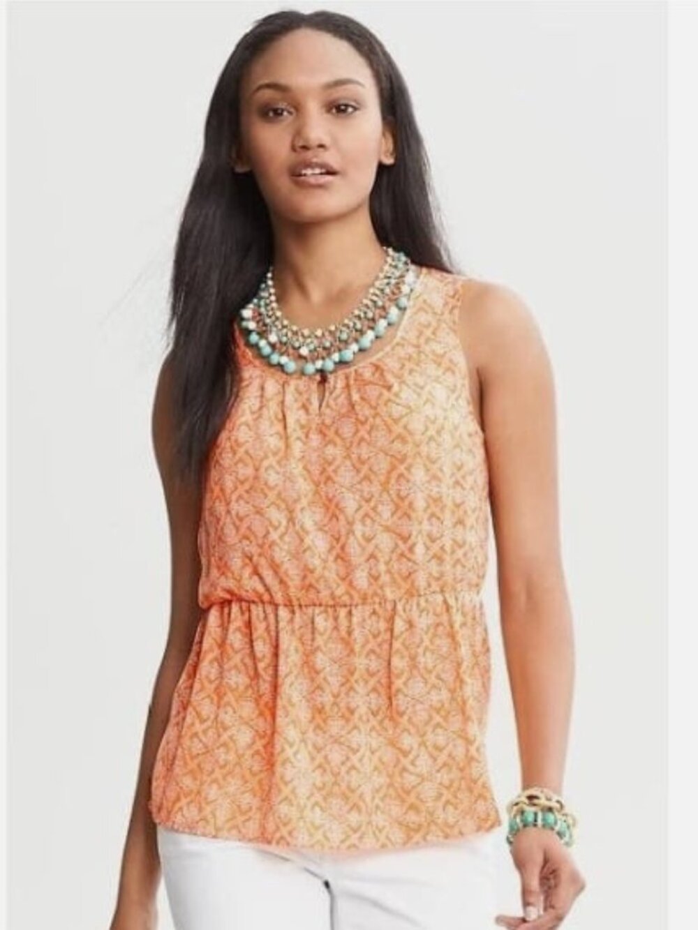 Banana Republic Light Patterned Orange and White Sleeveless Top